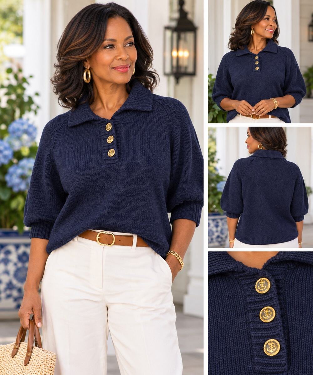 Vintage Crystal Kobe Navy Nautical Gold Button Puff Sleeve Sweater M